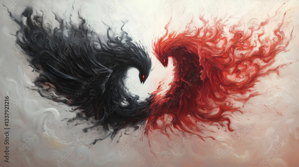 Poster yin and yang abstract flame art: a striking digital artwork showcases the concept of yin and yang, w