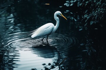 Fototapeta premium White Egret Wading in Dark Water with Green Foliage Background