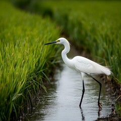 Obraz premium White Egret Wading in Lush Green Rice Paddy Field