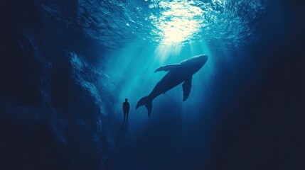 Fototapeta premium Whale, underwater, sunbeam, lone figure, ocean depths