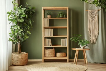 Wooden Bookcase with Plants in Green Room Interior