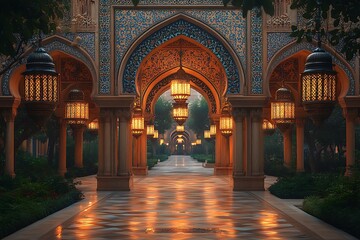Intricate Archways and Lanterns in a Serene Garden Pathway