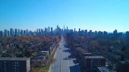 Deserted city street leading to a distant skyline under a clear blue sky.