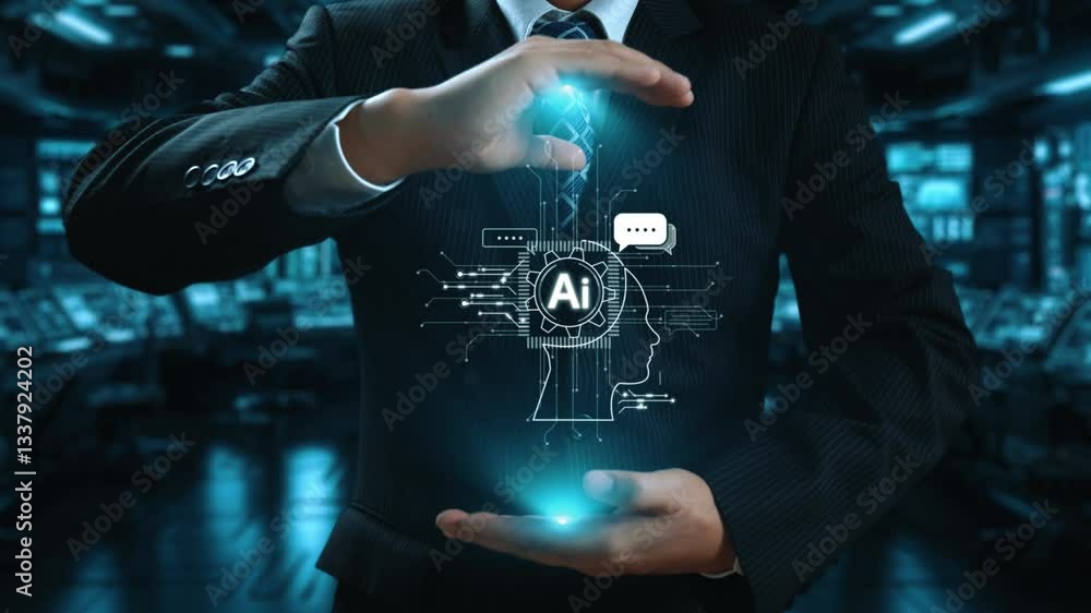 Poster human interact with ai artificial intelligence brain processor in concept of ai artificial intellige