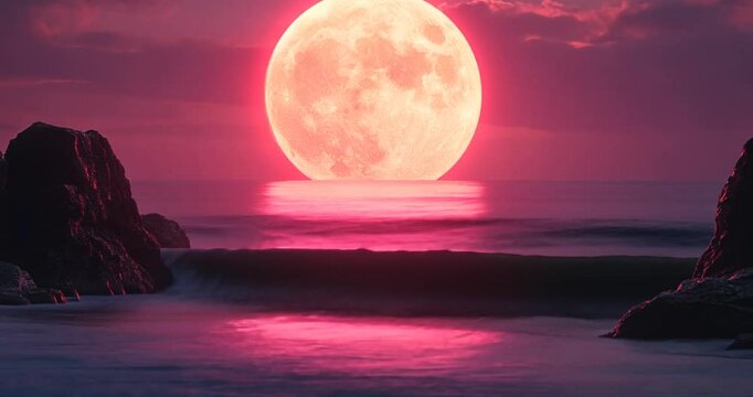 Pink supermoon over ocean rocks at sunset. Possible use stock photo