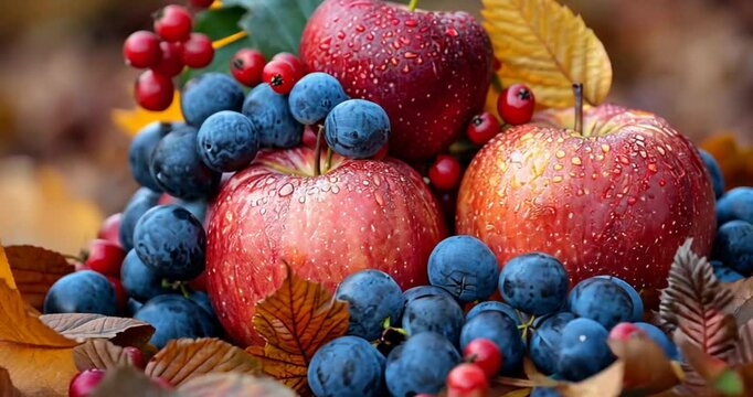 Autumn fruits apples and grapes among fallen leaves. Beautiful display. Potential use Stock photo