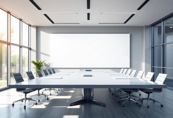 Sleek modern boardroom, large blank canvas on wall, natural light streaming through windows, empty, windows