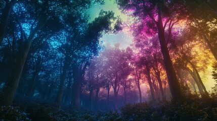 Obraz premium Enchanting Dream Forest Mystical Dawn in a Colorful Woodland