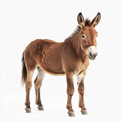 Fototapeta premium A brown donkey standing with its ears perked, textured fur detailed, soft natural lighting, full-body shot, white background. 