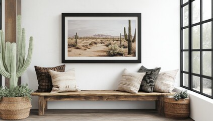 Desert landscape art print.  A framed photograph of a desert scene with cacti, sand, and mountains.  Cozy and stylish decor in a modern space