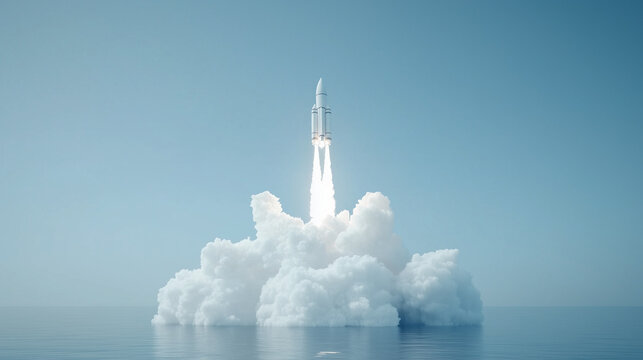 Rocket Launch into Horizon: A rocket bursts through a sea of clouds towards the horizon, leaving a trail of fire, symbolizing innovation, exploration, and the limitless potential of progress.