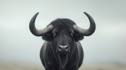 Naklejka premium Majestic Buffalo Portrait: A powerful buffalo with impressive, curved horns stands boldly, its dark coat contrasting against a hazy, expansive backdrop.