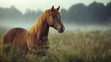 Fototapeta premium A captivating image of a bay horse in a misty morning field, its mane gently tousled by the wind, the cool light enhancing the depth of its gaze, 