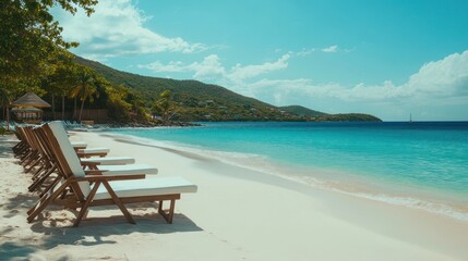 Tropical beach scene with sun loungers on white sand, turquoise water, and lush green hills.