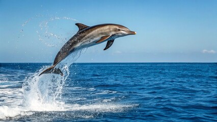 Fototapeta premium Playful dolphin leaps from the ocean, water droplets sparkling in sunlight, playful dolphin leaping out of the ocean, Stunning high-resolution action shot of a dolphin leaping gracefully out of the oc