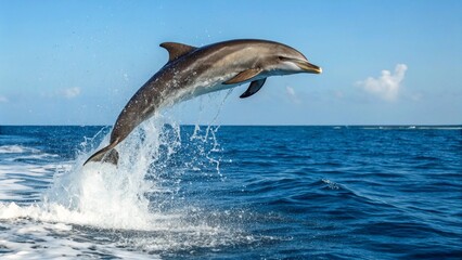 Obraz premium Playful dolphin leaps from the ocean, water droplets sparkling in sunlight, playful dolphin leaping out of the ocean, Stunning high-resolution action shot of a dolphin leaping gracefully out of the oc