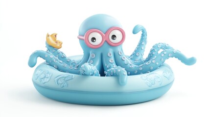 Cute cartoon octopus in a inflatable pool ring, wearing sunglasses and holding a crown.