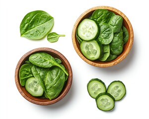Obraz premium Fresh spinach leaves and cucumber slices presented in wooden bowls offer a healthy isolated on a PNG background