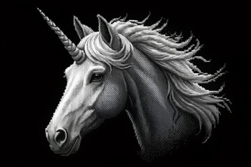 Vintage Pixel Art Unicorn Head: Gray Scale Digital Painting