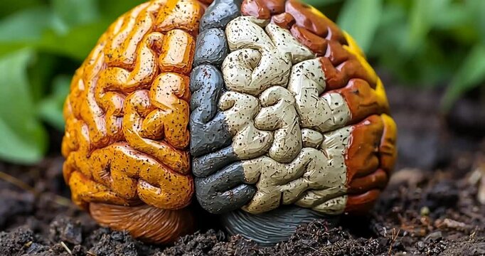 Colored brain model in soil; educational or science image; outdoor setting