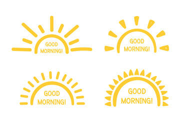 Four hand drawn suns with good morning phrase, vector eps10 illustration