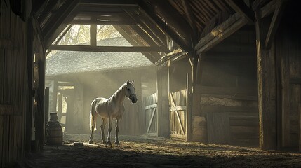 Obraz premium A charming countryside moment as a horse stands in its stall, framed by rustic wooden beams, the soft stable lighting adding depth and warmth to the image, cinematic mid-range shot 