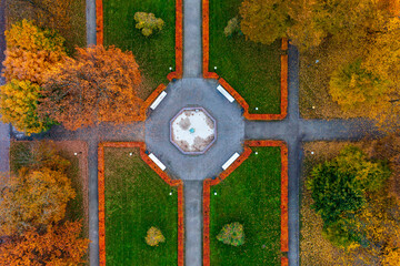 Bird's-eye view of the park featuring a central fountain plaza and autumn colours. Geometric garden...