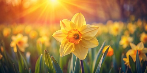 Fototapeta premium Vintage Spring Daffodil Bloom Close-Up: Vibrant Yellow Flowers in Field