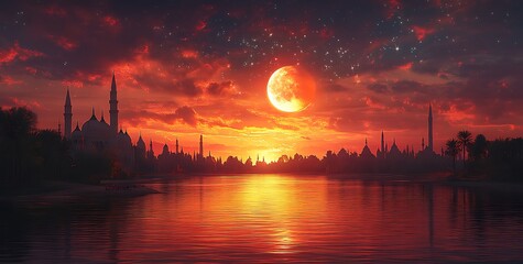 Sunset Glow over a Skyline with Spires and River Reflection