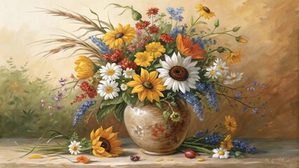 A bouquet of white daisies arranged in a rustic vase with a delicate lace doily, vase with fresh sunflowers and flowers,Elegant still life oil painting of a vibrant floral bouquet in a rustic ceramic 