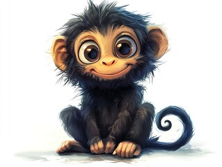 Obraz premium A charming illustration of a cute monkey with big round eyes and a curly tail, sitting happily with a playful smile, isolated on a white background. 