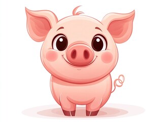 Fototapeta premium A charming vector illustration of a cute pig with a round body, big eyes, and a curly tail, its soft pink tones standing out against a clean white background. 
