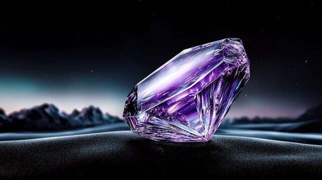 Purple gem on dark sand landscape under a starry night.