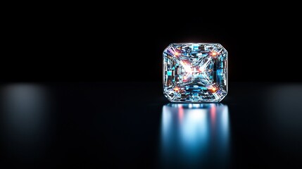 Radiant-cut diamond gemstone on black reflective surface.