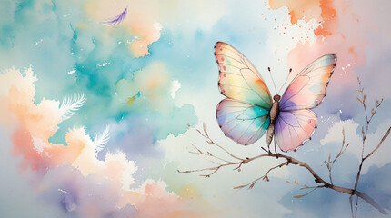 A serene watercolor butterfly perches on a wispy branch, its delicate wings a kaleidoscope of soft pastel hues - pale peach, lavender, and mint 