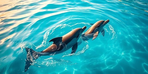 Two dolphins playfully swimming in a vibrant ocean, creating mesmerizing ripples and showcasing their sleek bodies in the crystal-clear water.