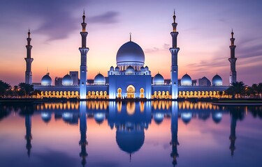 Obraz premium Grand Mosque at Sunset Reflected in a Calm Pool