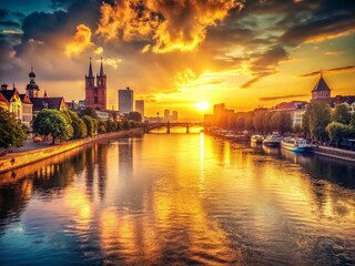 Obraz premium Vintage Sunset City River Scene: Golden Hour Urban Waterscape
