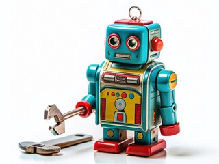 Fototapeta premium Vintage Tin Robot Toy with Key on White Background - Retro Style Food Photography