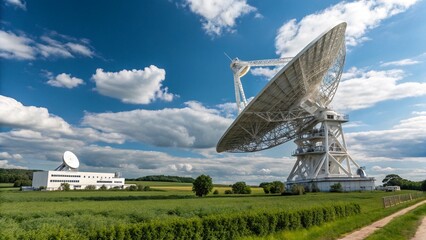 Very Large Array - New Mexico,Satellite control antenna with blue sky and clouds,High-resolution image of a large white parabolic radio telescope dish, positioned against a bright blue sky with scatte