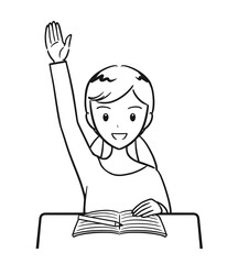 授業中に積極的に手を挙げる小学生の女の子（線画）