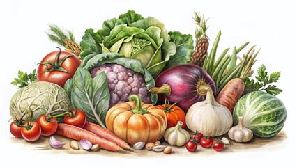 Vintage Watercolor Vegetables: Big Set Isolated on White Background