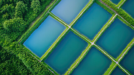 Aerial view of aquaculture ponds lush green landscape nature photography clear water tranquil environment