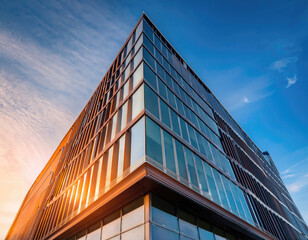 Modern Architectural Marvel: A modern building stands against a vibrant blue sky, showcasing clean lines, minimalist design, and a sense of sophistication. The sun casts warm light on the facade. 