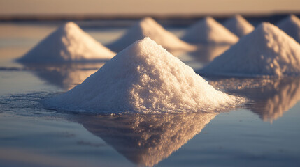 Harvesting sea salt piles coastal salt flats photography serene environment aerial view natural resource management