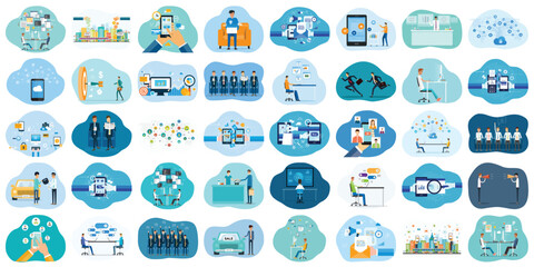 set vector illustration design concept. business cartoon character activity. social network, and online video meetings. smart city. development team working. real estate investment. digital marketing.