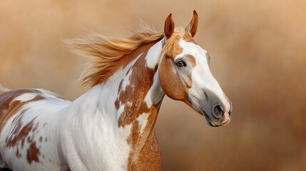 Fototapeta premium A close-up of a red piebald horse mid-gallop, its expressive eyes focused and nostrils flared, the warm sunlight accentuating the contrast of its unique coat, telephoto shot. 