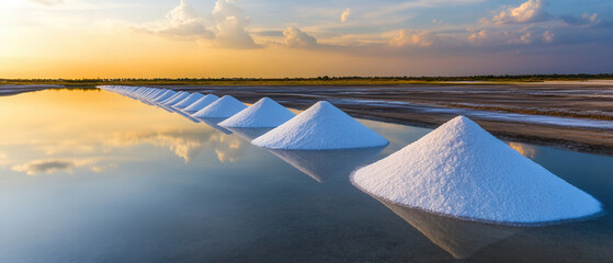 Harvesting sea salt at sunset in coastal salt flats nature photography in tranquil landscape environment