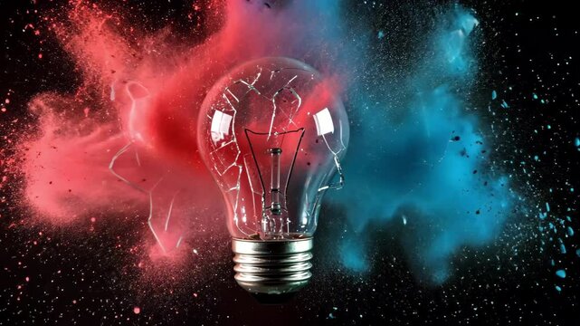 A shattered light bulb surrounded by red and blue powder against a black background space dust