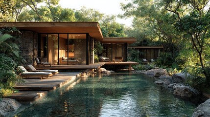 Obraz premium Luxurious jungle villa with private pool and wooden deck.